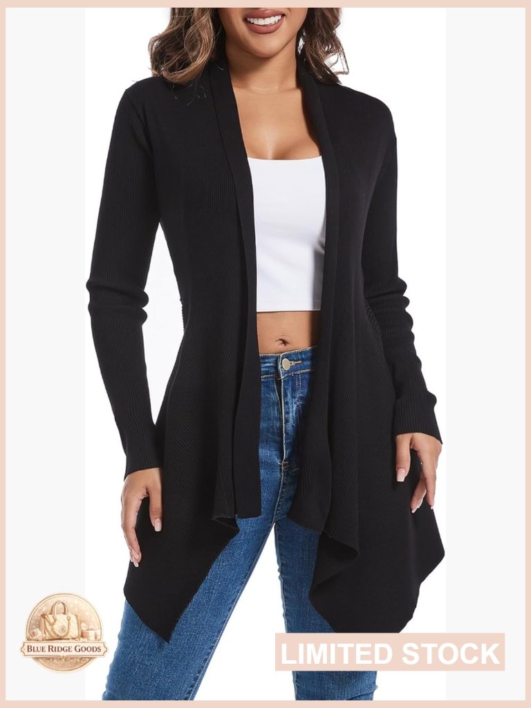 Open Front Draped Cardigan, Ribbed Knit Long Sleeve Asymmetrical Hem Business